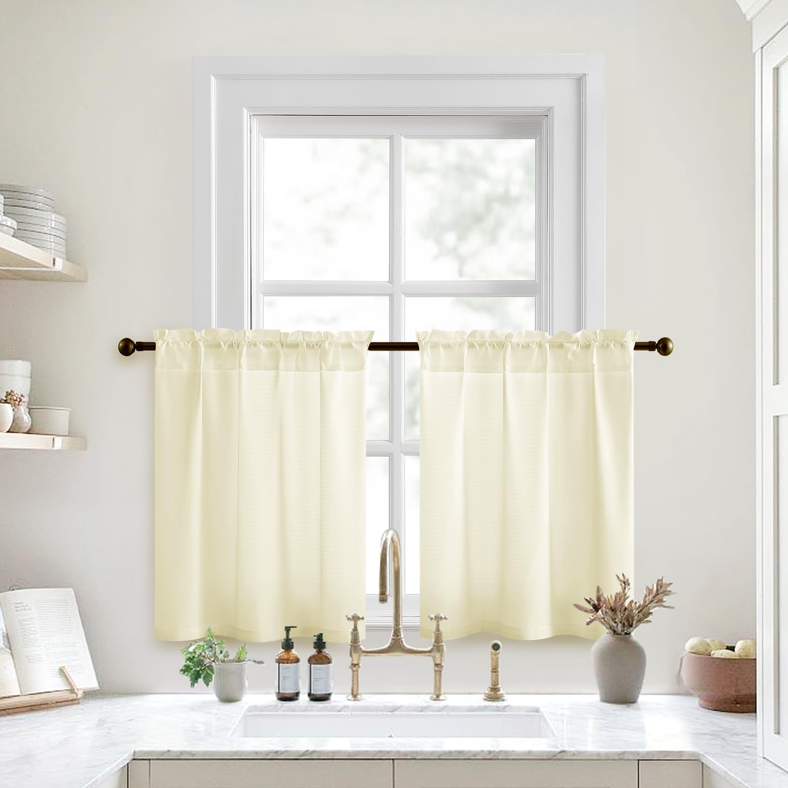 HOMEIDEAS Cream Yellow Kitchen Curtains 30 X 36 Inches 2 Panels Set Non-See-Through Privacy Semi Sheer Short Window Curtains Fis